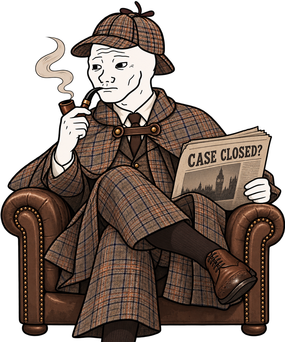 PipeWojak seated with a newspaper reading Case Closed?