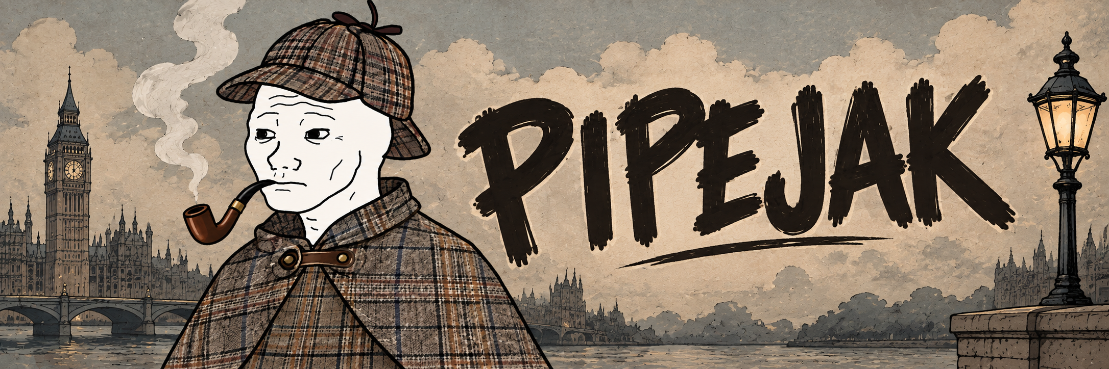 PIPEJAK detective poster on the banks of the Thames with Big Ben and a London gas lamp
